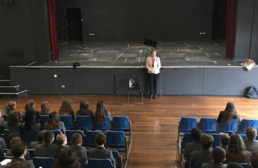 Victoria speaking to the Year Sevens at Wykham Park Academy 